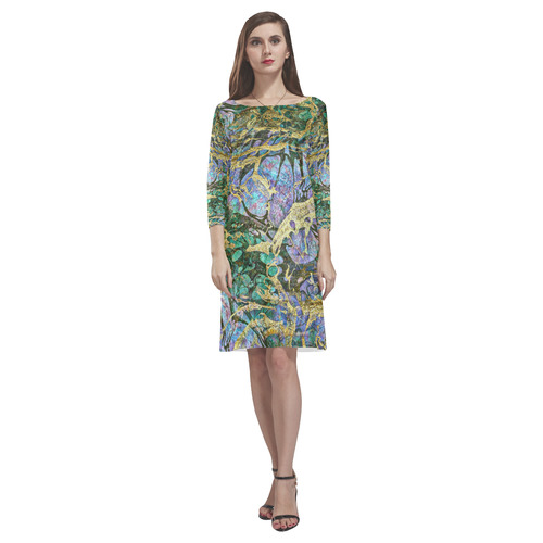 Abstract Green Watercolor Brush Painting with Gold Rhea Loose Round Neck Dress(Model D22)