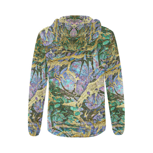 Abstract Green Watercolor Brush Painting with Gold All Over Print Full Zip Hoodie for Women (Model H14)