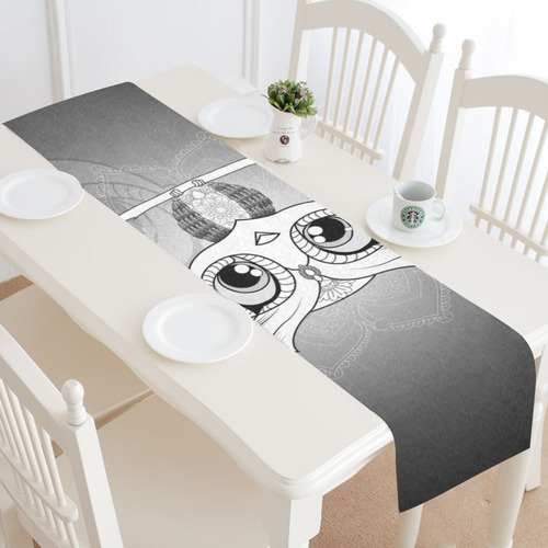 Cute owl, mandala design black and white Table Runner 16x72 inch