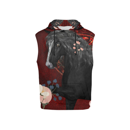 Black horse with flowers All Over Print Sleeveless Hoodie for Kid (Model H15)