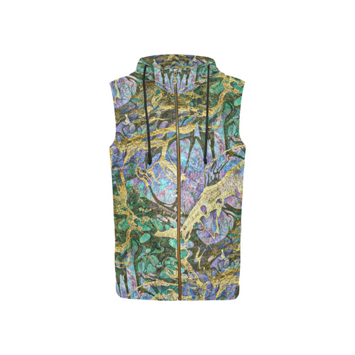 Abstract Green Watercolor Brush Painting with Gold All Over Print Sleeveless Zip Up Hoodie for Women (Model H16)