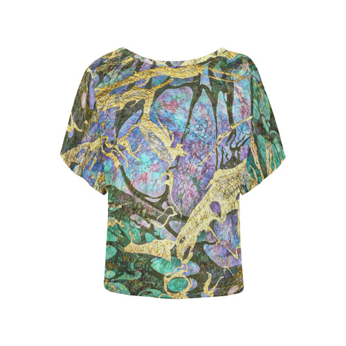 Abstract Green Watercolor Brush Painting with Gold Women's Batwing-Sleeved Blouse T shirt (Model T44)