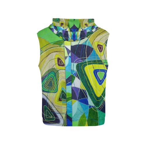 Abstract Geometric Fabric Painting Blue Green All Over Print Sleeveless Hoodie for Women (Model H15)