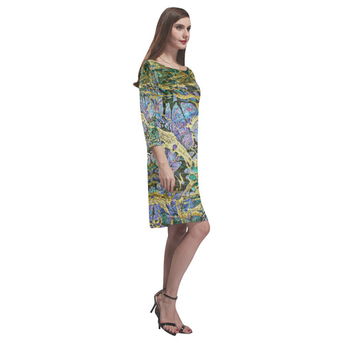 Abstract Green Watercolor Brush Painting with Gold Rhea Loose Round Neck Dress(Model D22)