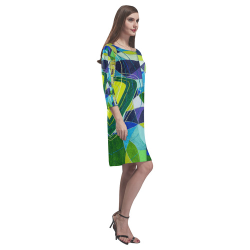 Abstract Geometric Fabric Painting Blue Green Rhea Loose Round Neck Dress(Model D22)