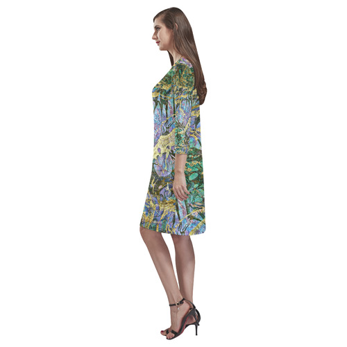 Abstract Green Watercolor Brush Painting with Gold Rhea Loose Round Neck Dress(Model D22)