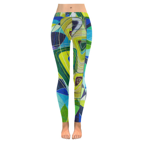 Abstract Geometric Fabric Painting Blue Green Women's Low Rise Leggings (Invisible Stitch) (Model L05)