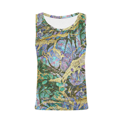 Abstract Green Watercolor Brush Painting with Gold All Over Print Tank Top for Women (Model T43)