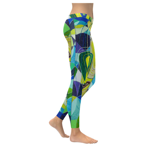 Abstract Geometric Fabric Painting Blue Green Women's Low Rise Leggings (Invisible Stitch) (Model L05)