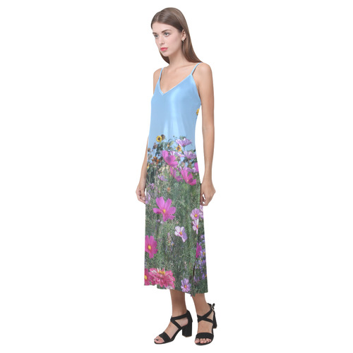 Summer Flowers V-Neck Open Fork Long Dress(Model D18)