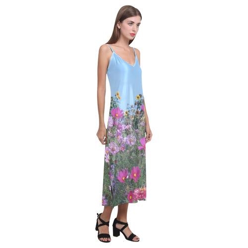 Summer Flowers V-Neck Open Fork Long Dress(Model D18)