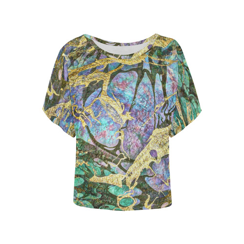 Abstract Green Watercolor Brush Painting with Gold Women's Batwing-Sleeved Blouse T shirt (Model T44)