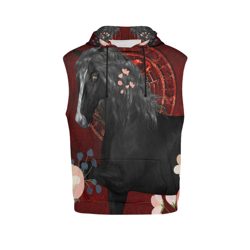 Black horse with flowers All Over Print Sleeveless Hoodie for Men (Model H15)