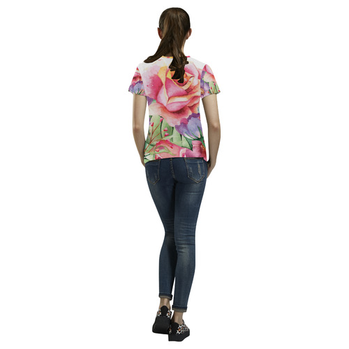 Watercolor Roses Daisies Floral Flowers All Over Print T-Shirt for Women (USA Size) (Model T40)