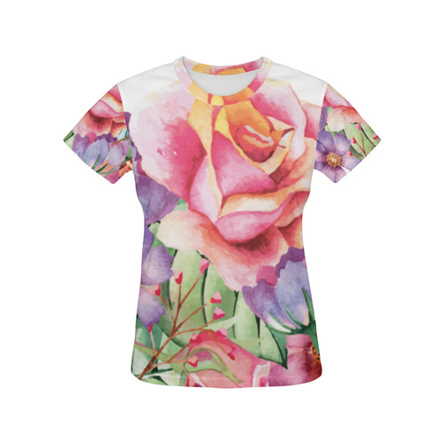 Watercolor Roses Daisies Floral Flowers All Over Print T-Shirt for Women (USA Size) (Model T40)