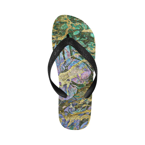 Abstract Green Watercolor Brush Painting with Gold Flip Flops for Men/Women (Model 040)