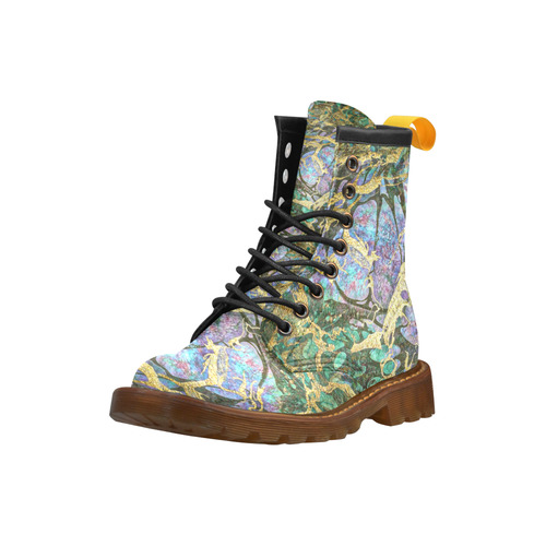 Abstract Green Watercolor Brush Painting with Gold High Grade PU Leather Martin Boots For Women Model 402H