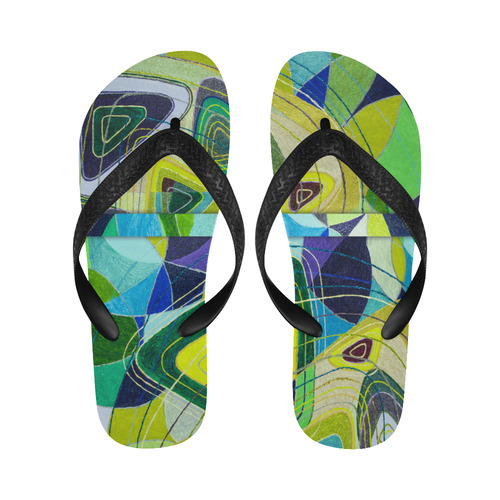 Abstract Geometric Fabric Painting Blue Green Flip Flops for Men/Women (Model 040)