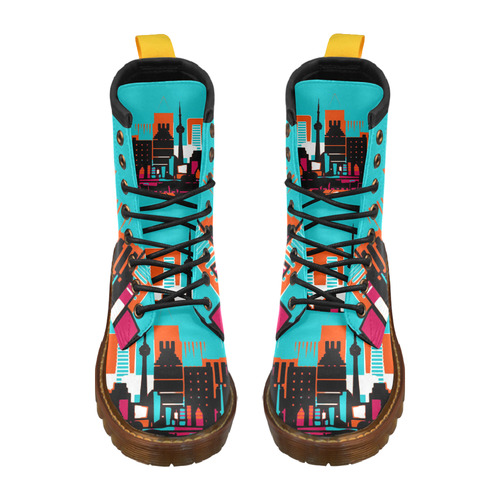 architecture skyline teal black orange High Grade PU Leather Martin Boots For Women Model 402H