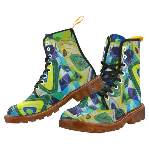Abstract Geometric Fabric Painting Blue Green Martin Boots For Men Model 1203H