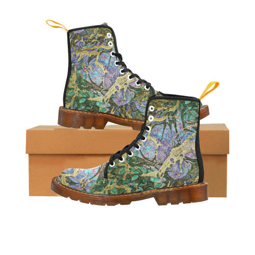 Abstract Green Watercolor Brush Painting with Gold Martin Boots For Women Model 1203H