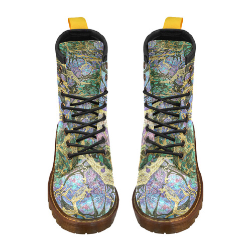 Abstract Green Watercolor Brush Painting with Gold High Grade PU Leather Martin Boots For Women Model 402H