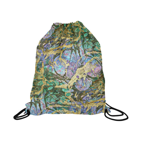 Abstract Green Watercolor Brush Painting with Gold Large Drawstring Bag Model 1604 (Twin Sides)  16.5"(W) * 19.3"(H)