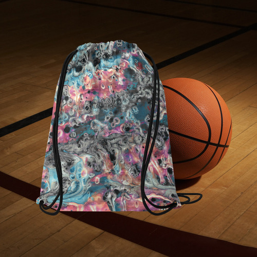 Acryl Paint Flowing Brushe Strokes Cyan Salmon Bla Large Drawstring Bag Model 1604 (Twin Sides)  16.5"(W) * 19.3"(H)