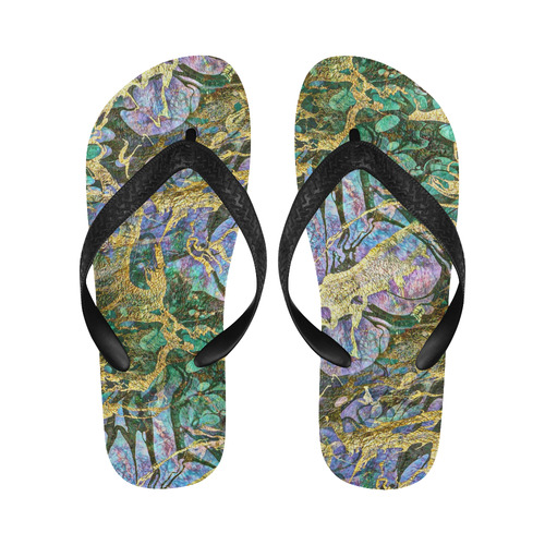Abstract Green Watercolor Brush Painting with Gold Flip Flops for Men/Women (Model 040)