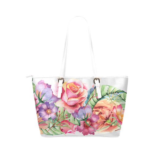 Watercolor Roses Daisies Floral Flowers Leather Tote Bag/Small (Model 1651)