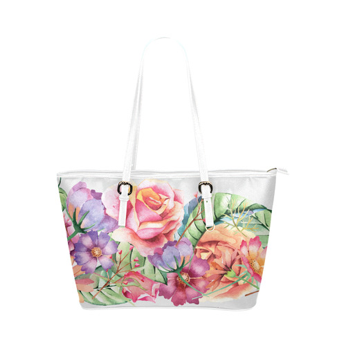 Watercolor Roses Daisies Floral Flowers Leather Tote Bag/Small (Model 1651)