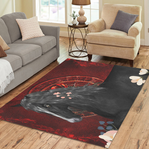 Black horse with flowers Area Rug7'x5'