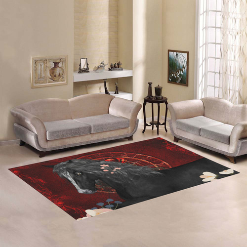 Black horse with flowers Area Rug7'x5'