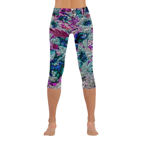 Floral, glossy Chrome 2C by FeelGood Women's Low Rise Capri Leggings (Invisible Stitch) (Model L08)