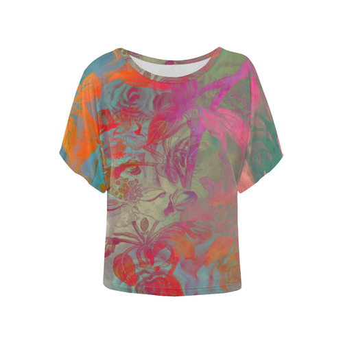 flowers roses Women's Batwing-Sleeved Blouse T shirt (Model T44)