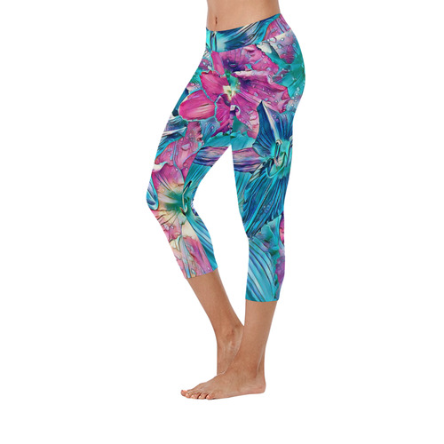 wonderful floral 22B  by FeelGood Women's Low Rise Capri Leggings (Invisible Stitch) (Model L08)