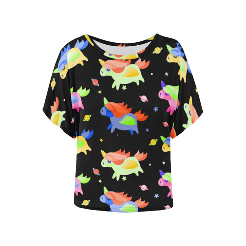 Cute Flying Unicorns Stars Planets Starry Night Women's Batwing-Sleeved Blouse T shirt (Model T44)