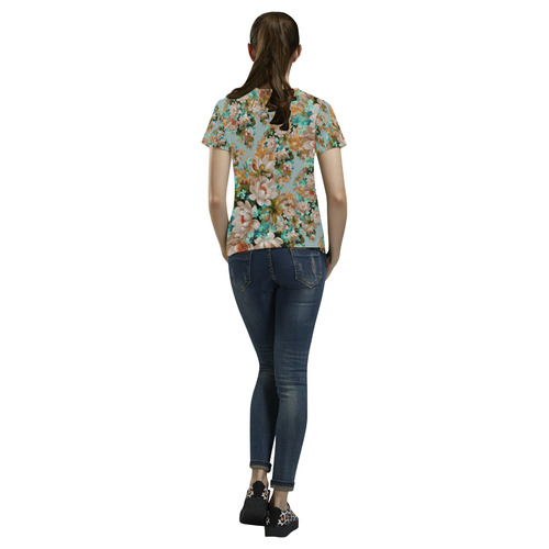 Peach And Green Floral All Over Print T-Shirt for Women (USA Size) (Model T40)