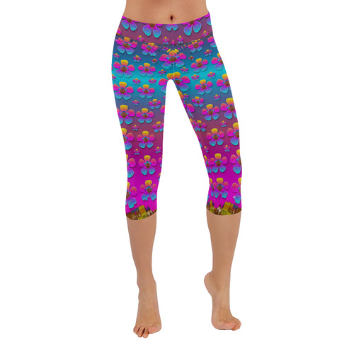 Freedom Peace Flowers Raining In Rainbows Women's Low Rise Capri Leggings (Invisible Stitch) (Model L08)