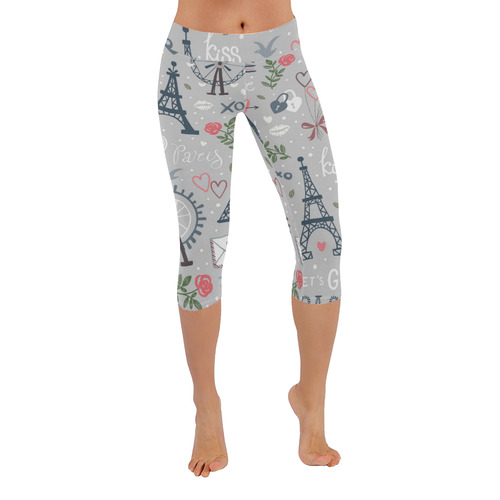 Seamless Wheel and Eiffel Tower Women's Low Rise Capri Leggings (Invisible Stitch) (Model L08)