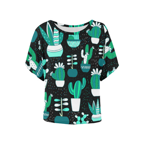 Cute Cactus Floral Pattern Succulents Women's Batwing-Sleeved Blouse T shirt (Model T44)