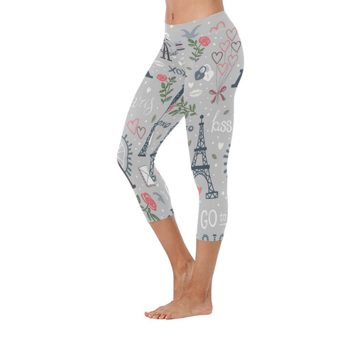 Seamless Wheel and Eiffel Tower Women's Low Rise Capri Leggings (Invisible Stitch) (Model L08)