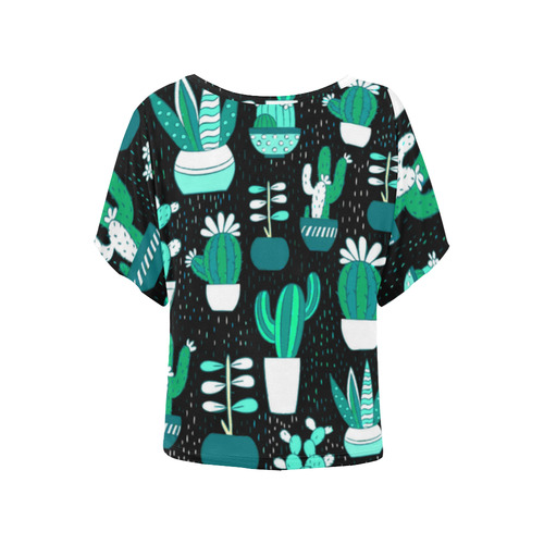 Cute Cactus Floral Pattern Succulents Women's Batwing-Sleeved Blouse T shirt (Model T44)