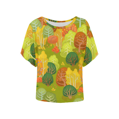 Autumn Forest Red Orange Yellow Beautiful Trees Women's Batwing-Sleeved Blouse T shirt (Model T44)