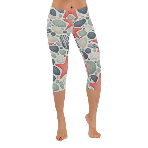 Ocean Stones and Sea Stars Women's Low Rise Capri Leggings (Invisible Stitch) (Model L08)