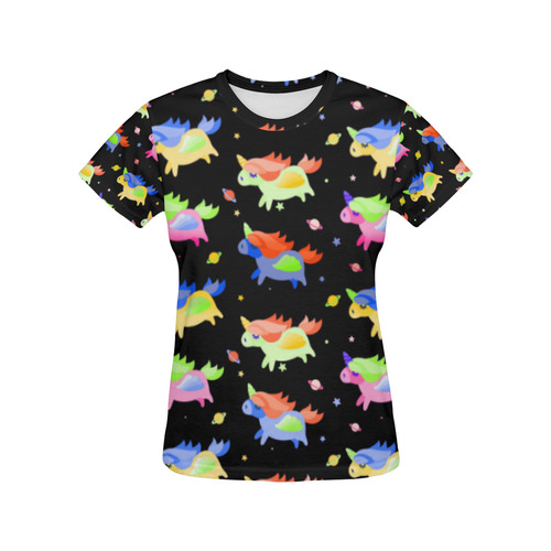 Cute Flying Unicorns Stars Planets Starry Night All Over Print T-Shirt for Women (USA Size) (Model T40)