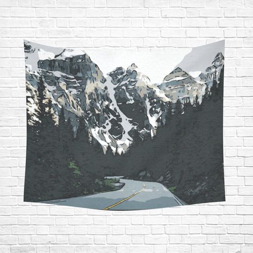 Mountain Road Canadian Rocky Mountain Landscape Cotton Linen Wall Tapestry 60"x 51"