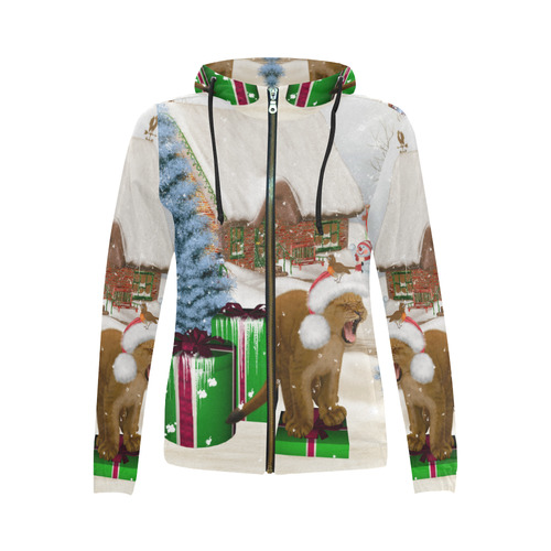 Christmas cute little lion with christmas hat All Over Print Full Zip Hoodie for Women (Model H14)