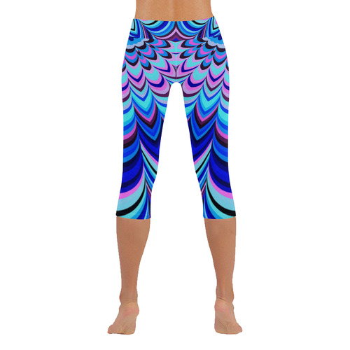 Neon blue striped pattern Women's Low Rise Capri Leggings (Invisible Stitch) (Model L08)