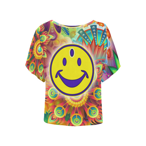 Flower Power Third Eye Smiley Painting Women's Batwing-Sleeved Blouse T shirt (Model T44)